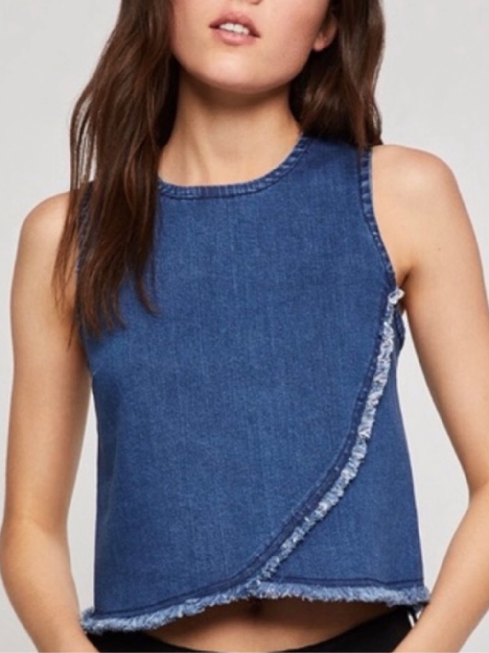 BCBG Generation Sleeveless Denim Crop Top with Frayed Trim